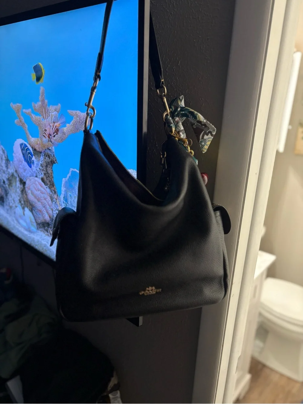 Coach Black Pebbled Leather Shoulder Hobo with Floral Scarf Accent